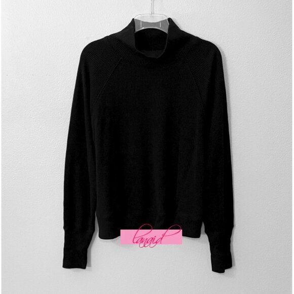Alo Waffle Weekend Escape Mock Neck Long Sleeve Black Turtleneck Thermal Sweater - Picture 6 of 10